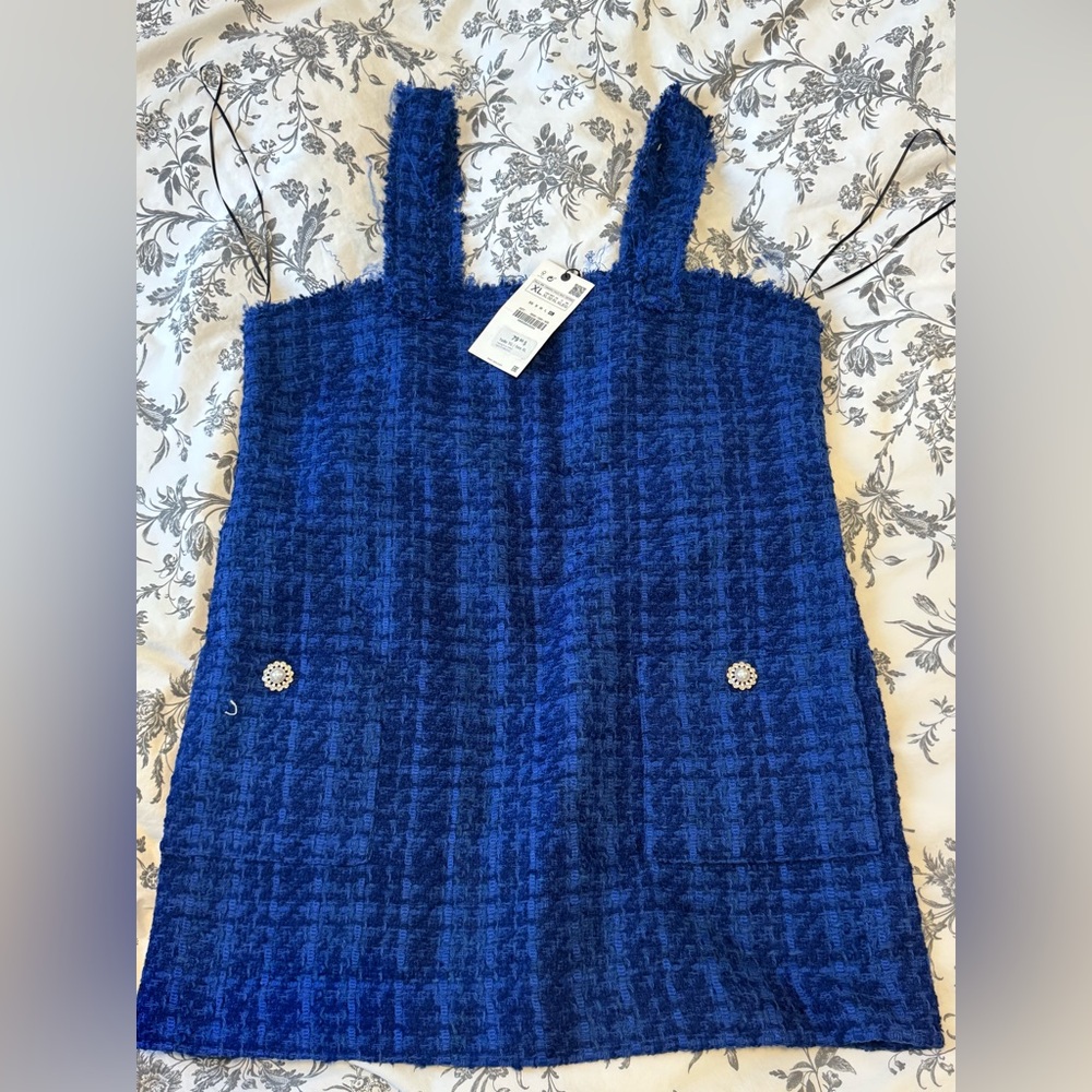 ZARA - Blue Textured Tweed Pinafore Dress